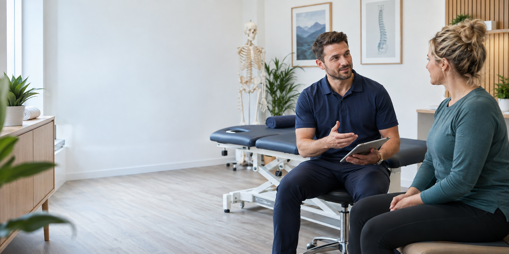 A chiropractor talking with a patient in a bright, modern clinic